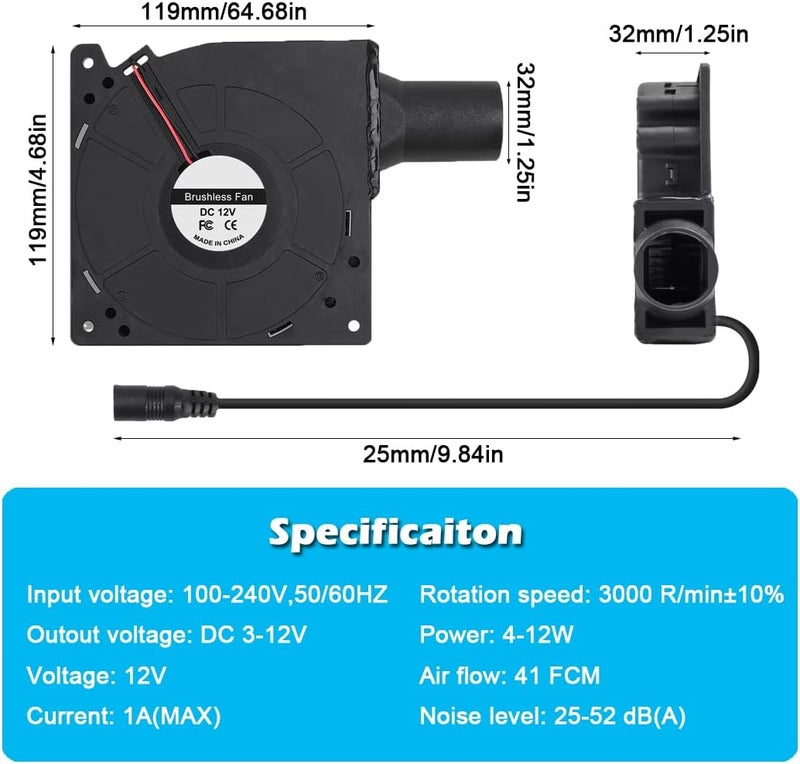 ALMOCN 120mm Blower Fan 12V BBQ Blower Fan with AC Plug 110V 240V BBQ Air Mover with 3 to 12V Speed Controller for Barbecue Camping, Fireplace, Bellows, Wood Stove, 120 x32mm - Image 3